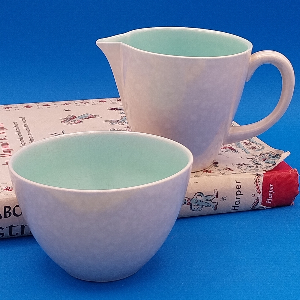 Poole Pottery cream and sugar bowl set in  "Ice Green and Seagull"